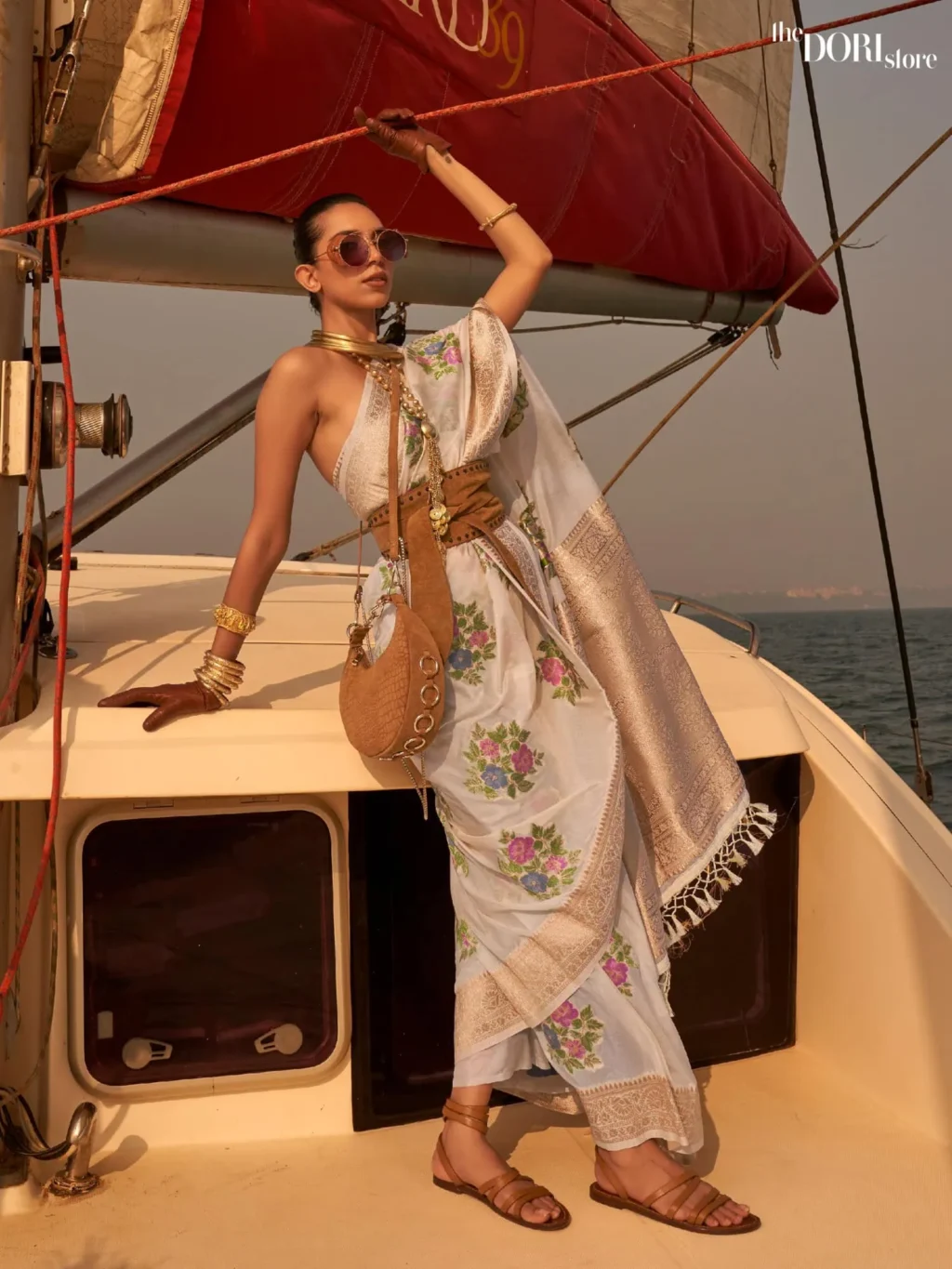 Beautiful Off White Floral Chinon Silk Saree - party wear saree