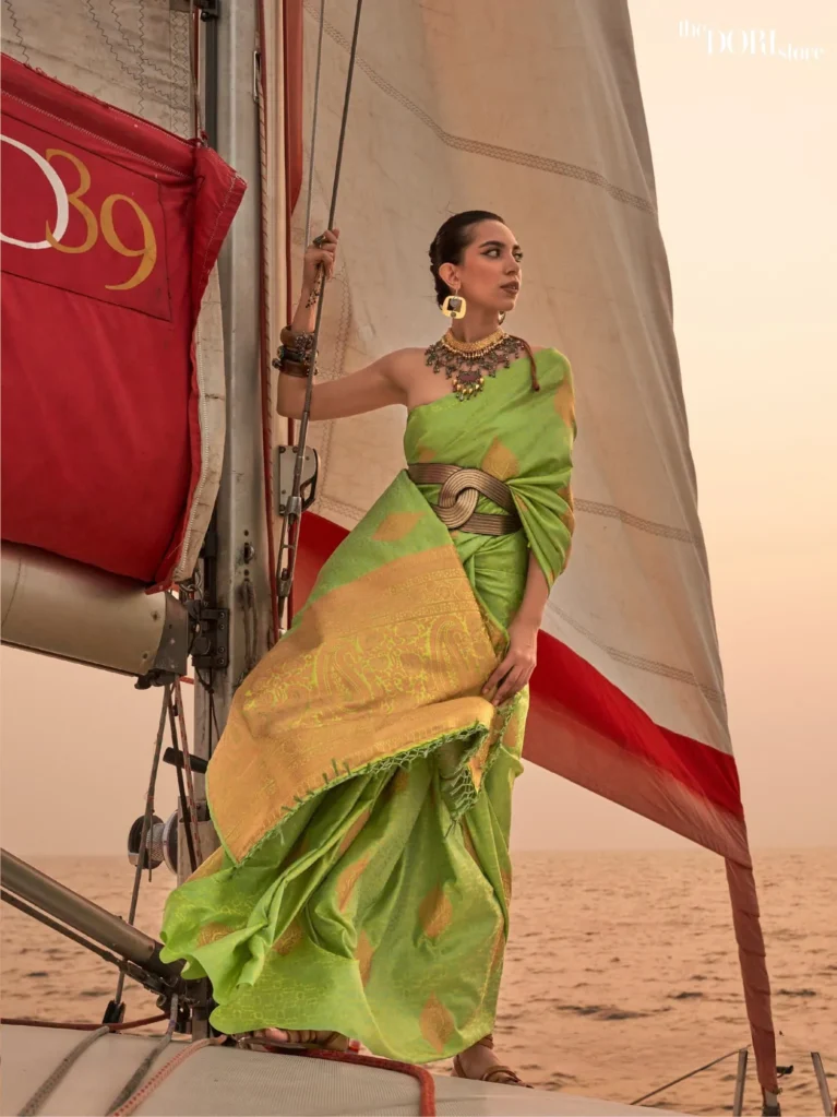 Ethnic Light Green Partywear Handloom Satin Silk Saree - party wear saree