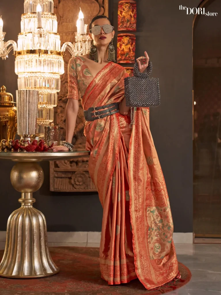 Glow Orange Zari Base Handloom Woven Silk Saree - party wear saree
