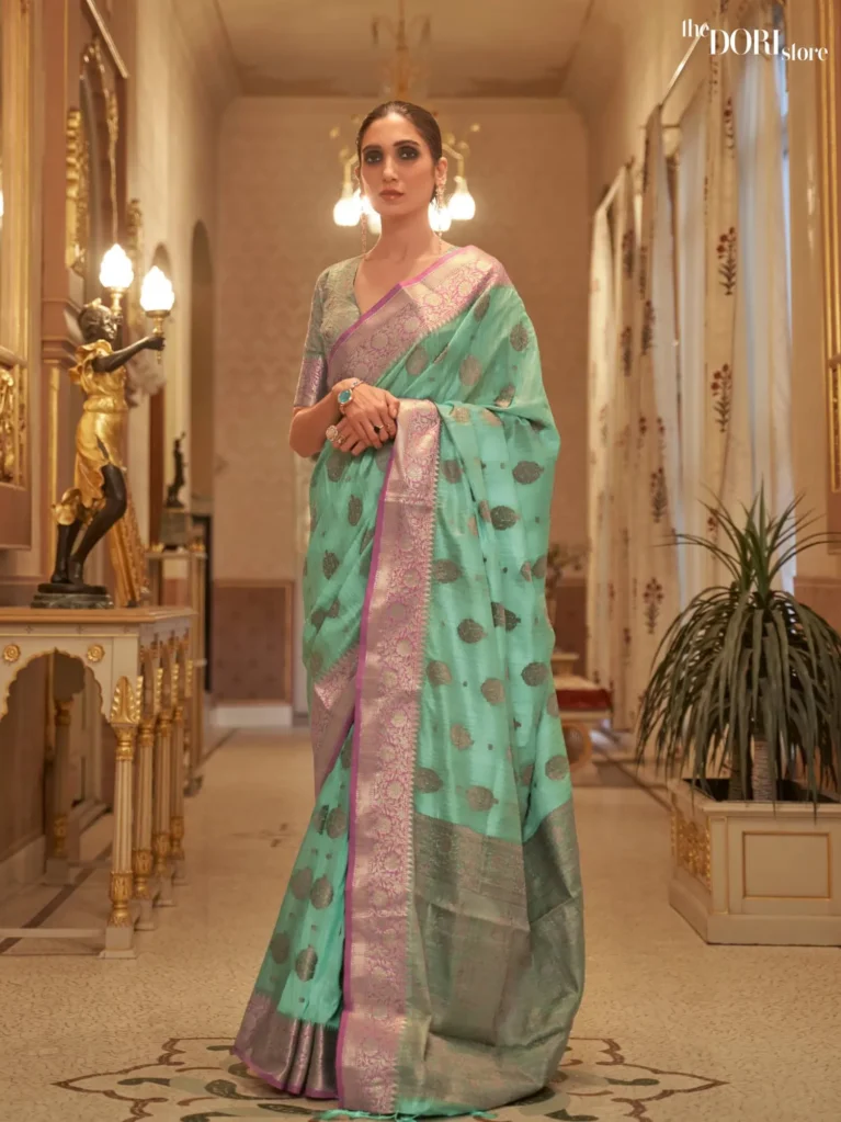Turquoise Blue Floral Banarasi Handloom Woven Silk Saree - party wear saree