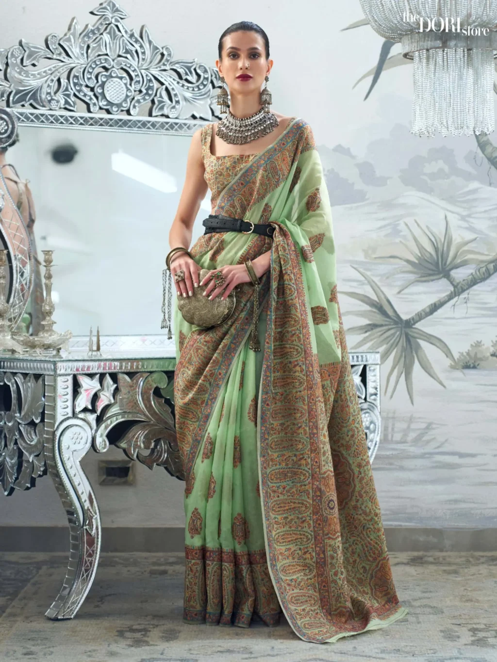 Light Green Modal Kashmiri Handloom Silk Saree - party wear saree