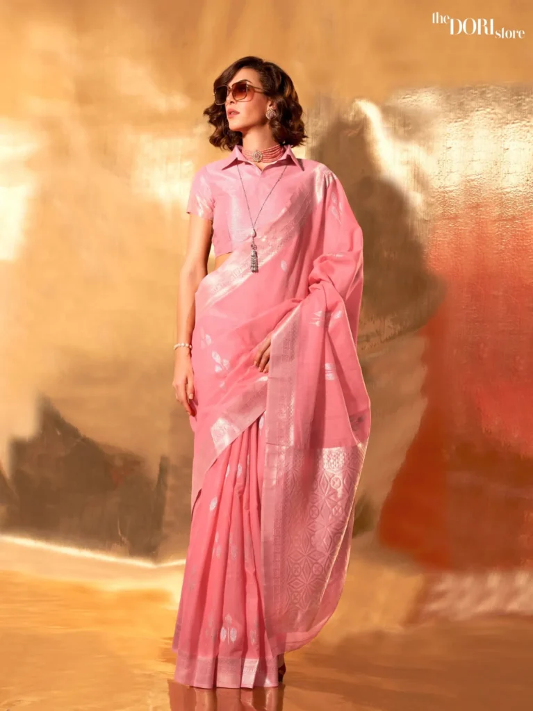 Ethnic Pink Festive Woven Linen saree Saree - party wear saree