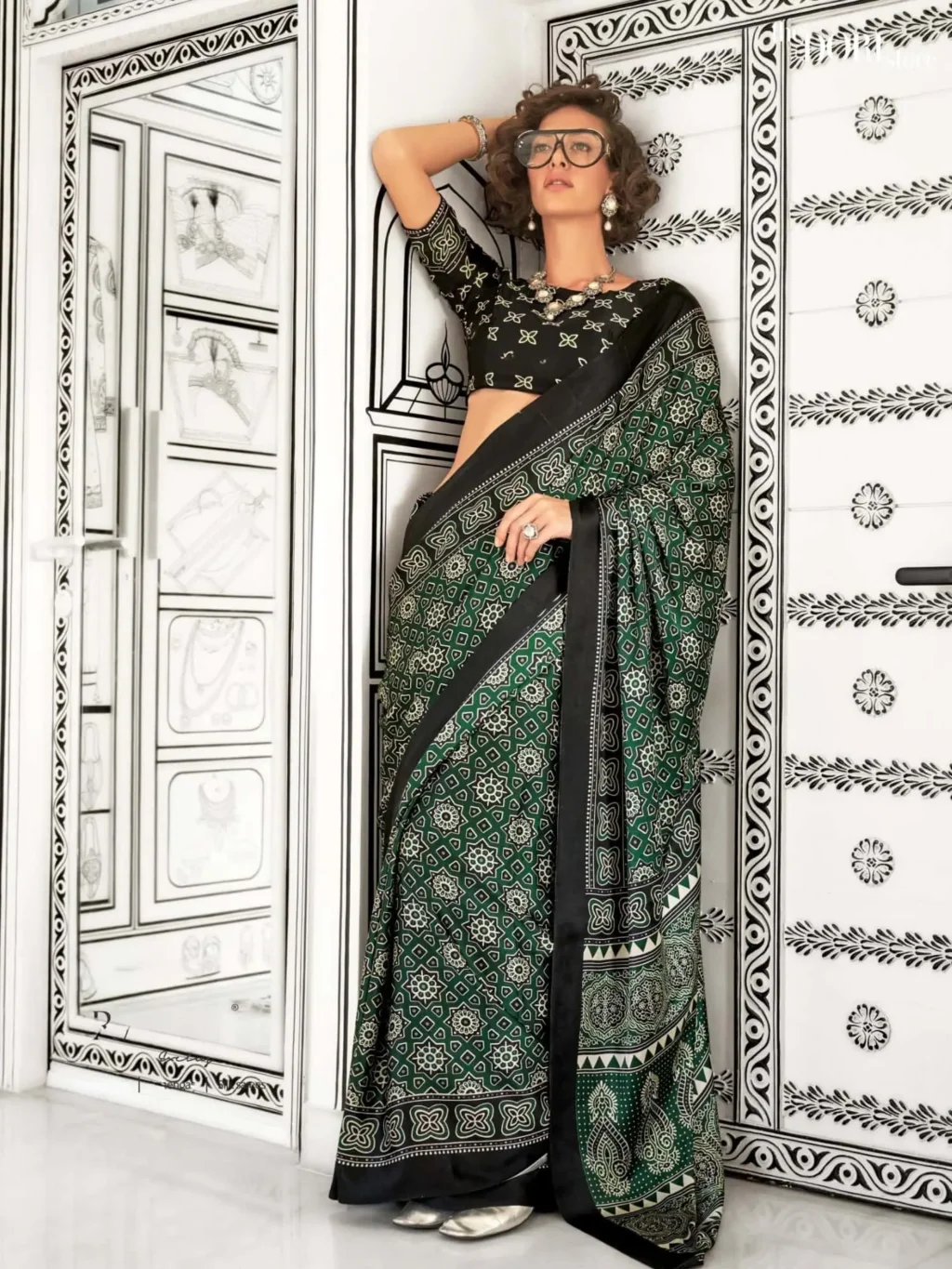 Black and Green Light Weight Printed Ajrakh Satin Crepe Saree - party wear saree