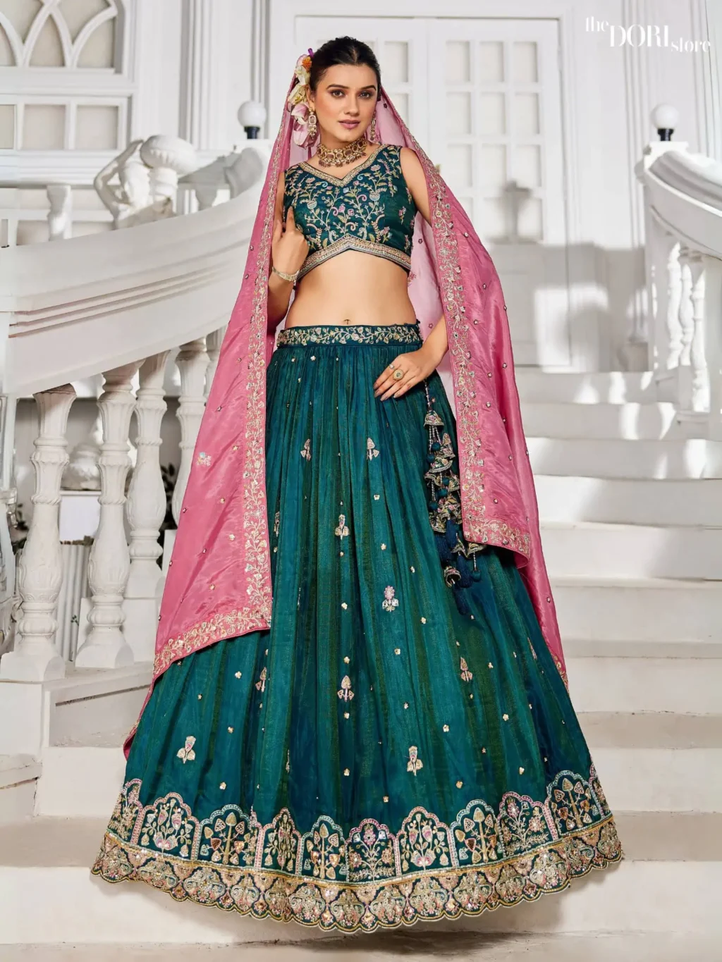Teal Green Satin Sequinse embroidery Semi-Stitched Lehenga choli  product image
