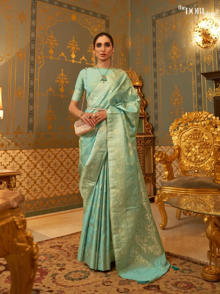 Partywear Floral Sea Green Handloom Banarasi Silk Woven Saree - party wear saree
