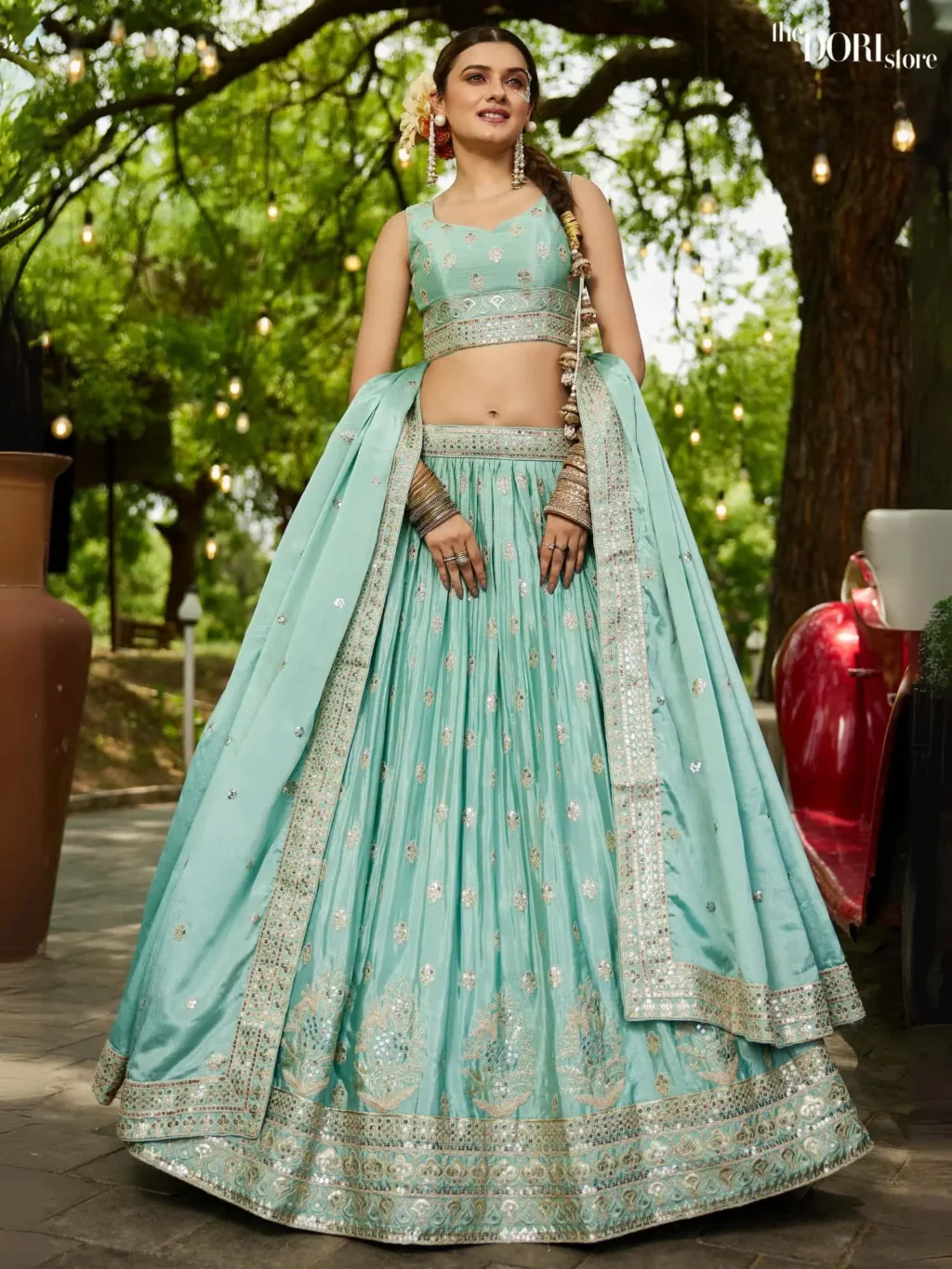 Water Blue Chiffon Sequinse embroidery Semi-Stitched Lehenga choli - Image 3