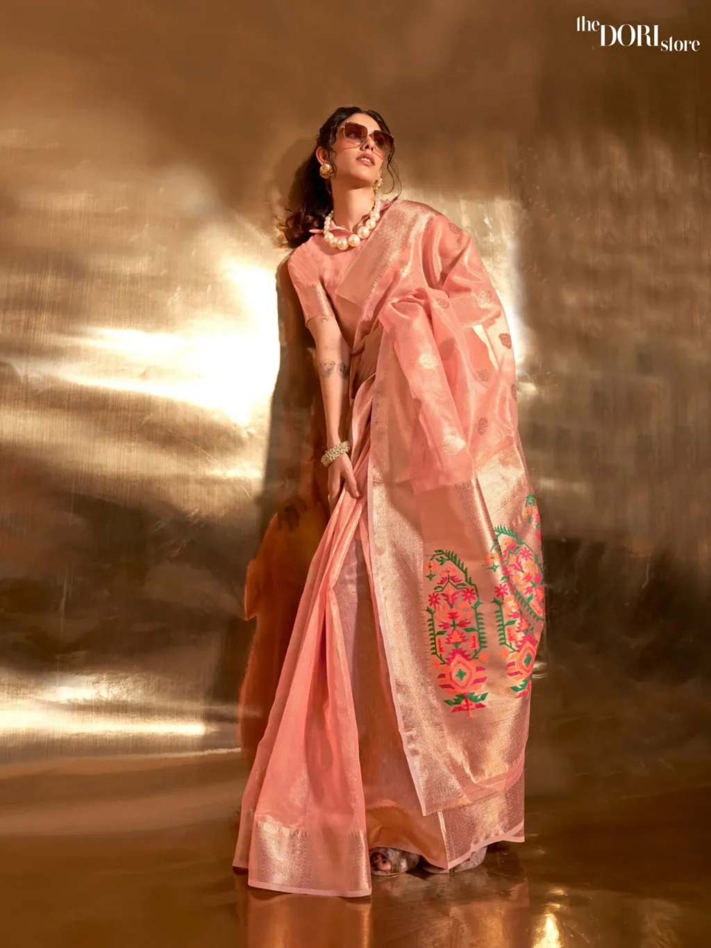 Korra Peach Pink Zari Banarasi Paithani Silk Saree - party wear saree