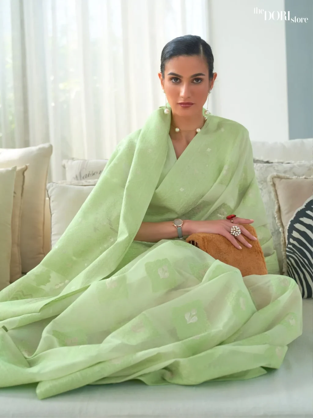 Parrot Green Chickankari Lucknowi Woven Saree - party wear saree