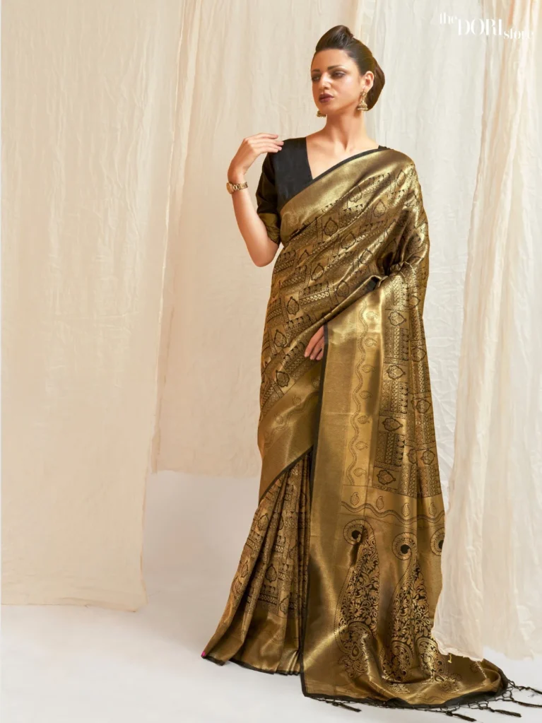 Golden Black Designer Kanjeevaram Silk Saree - party wear saree