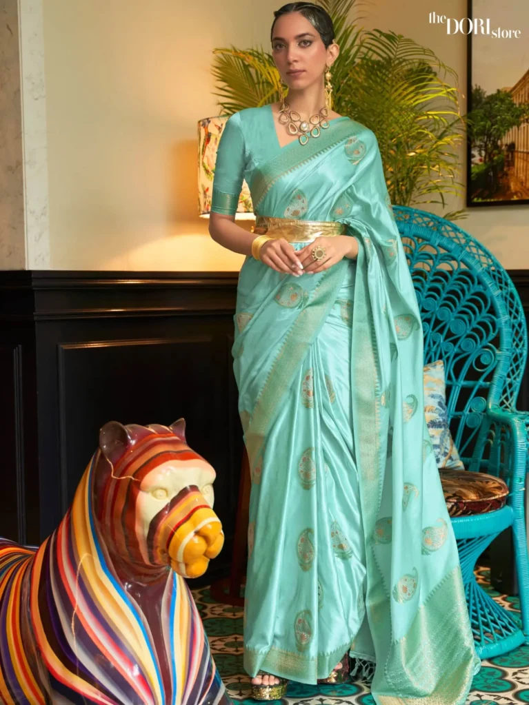 Royal Light Blue Woven Banarasi Satin Silk Saree - party wear saree