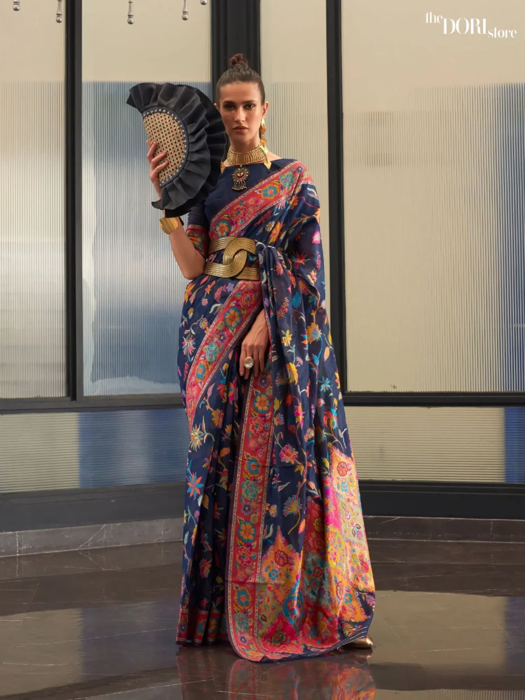 Royal Deep Blue Kashmiri Floral Modal Handloom Silk Woven Saree - party wear saree