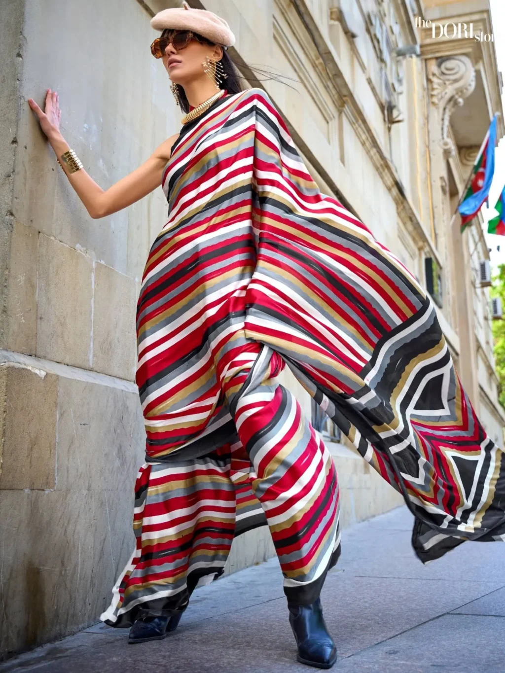 Hot Red and Black Stripped Satin Crepe Digital Printed Saree - party wear saree