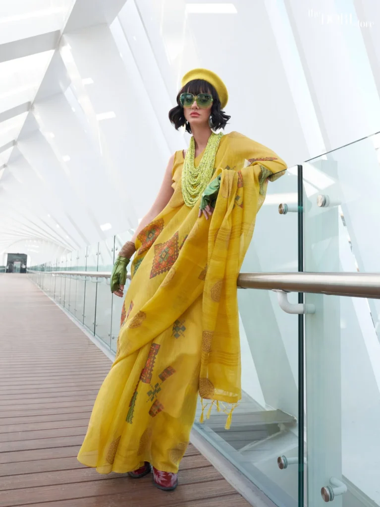 Beautiful Yellow Printed Handloom Linen saree Saree - party wear saree