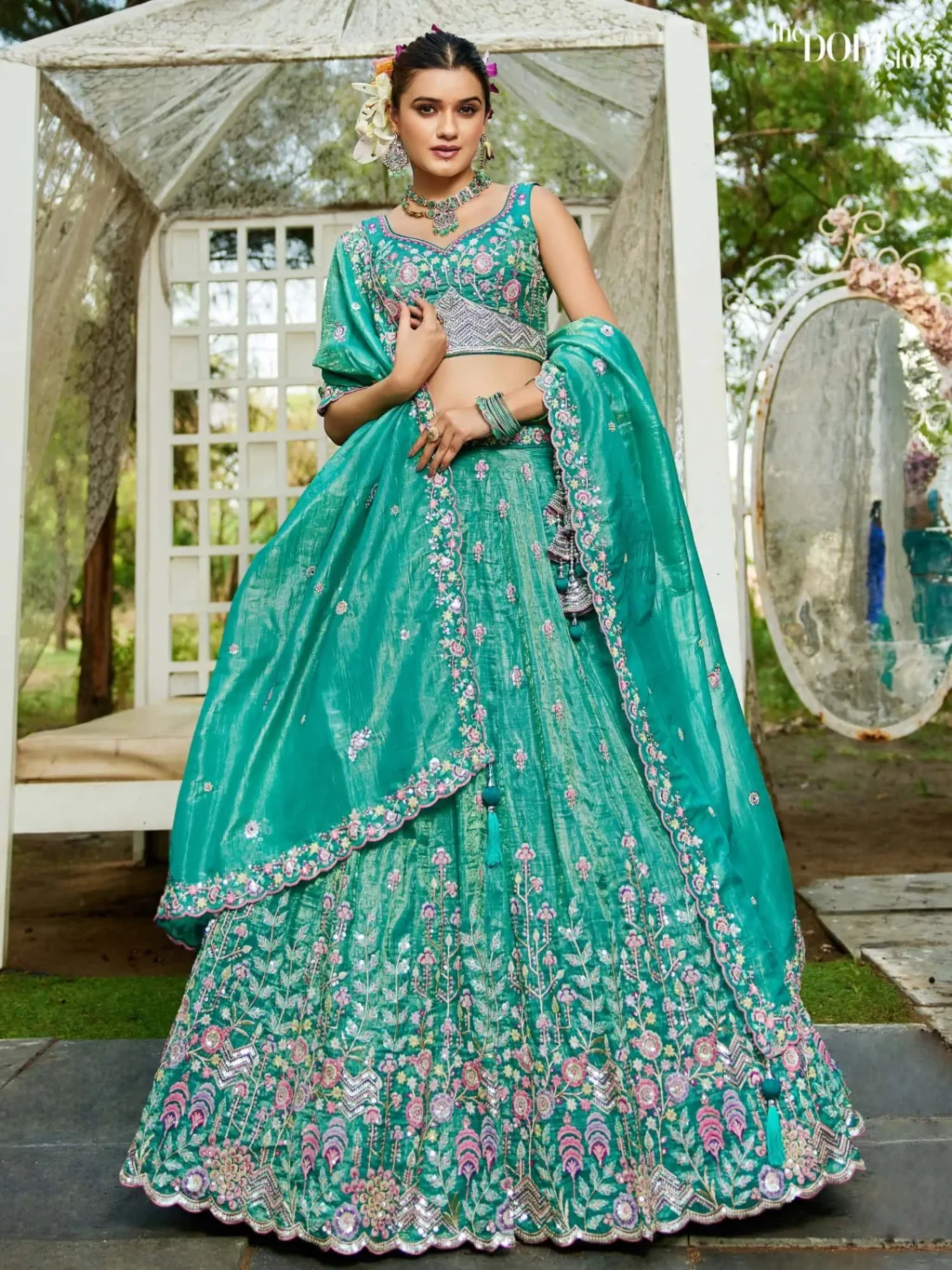 Sea green Tissue Sequinse embroidery Semi-Stitched Lehenga choli  product image