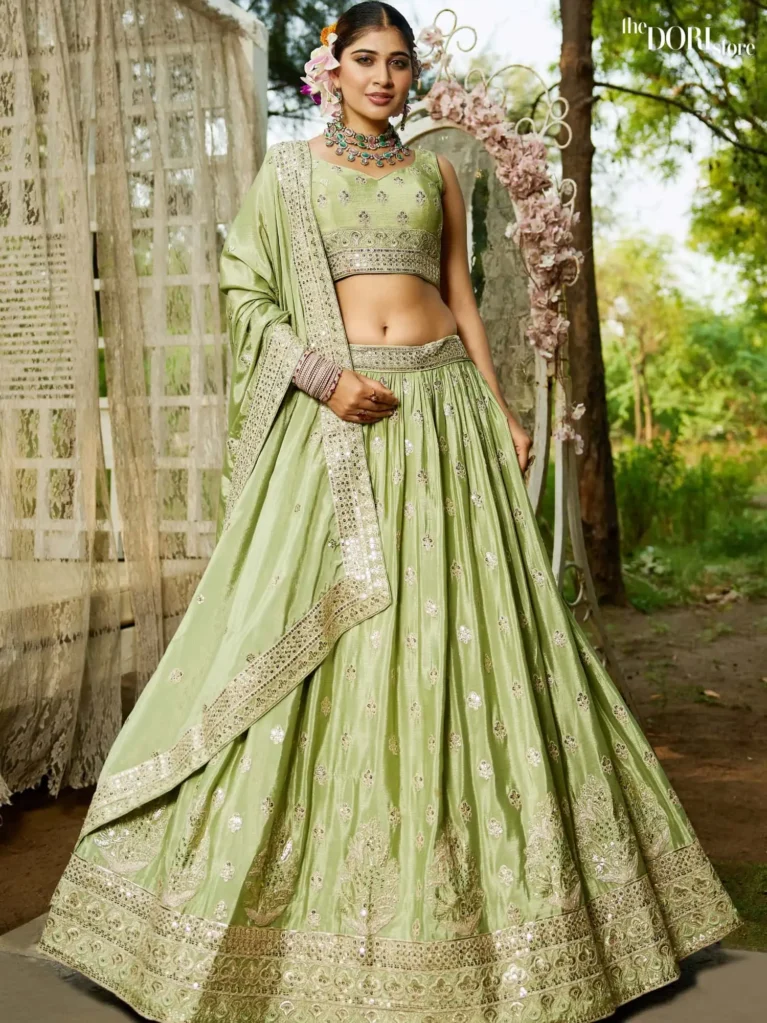 Lime green Chiffon Sequinse embroidery Semi-Stitched Lehenga choli  product image