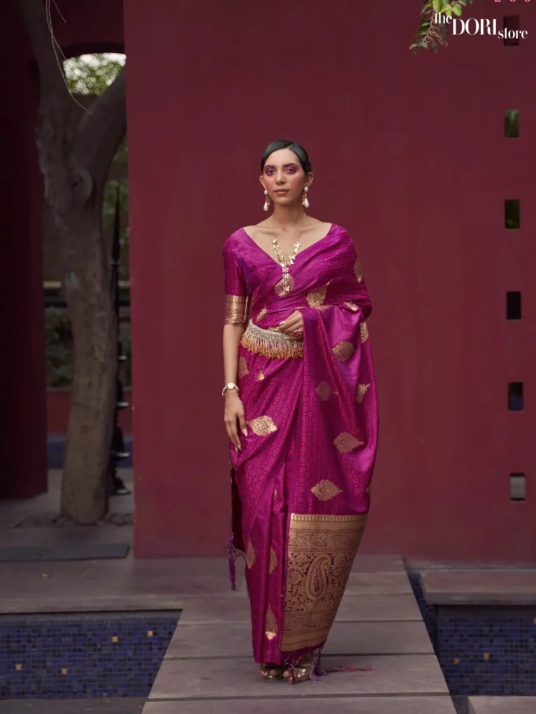 Exclusive Magenta Pink Satin Sillk Banarasi Saree - party wear saree