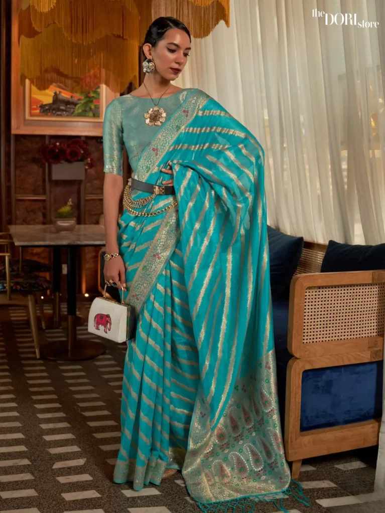 Ethnic Blue Woven Organza Silk Saree - party wear saree