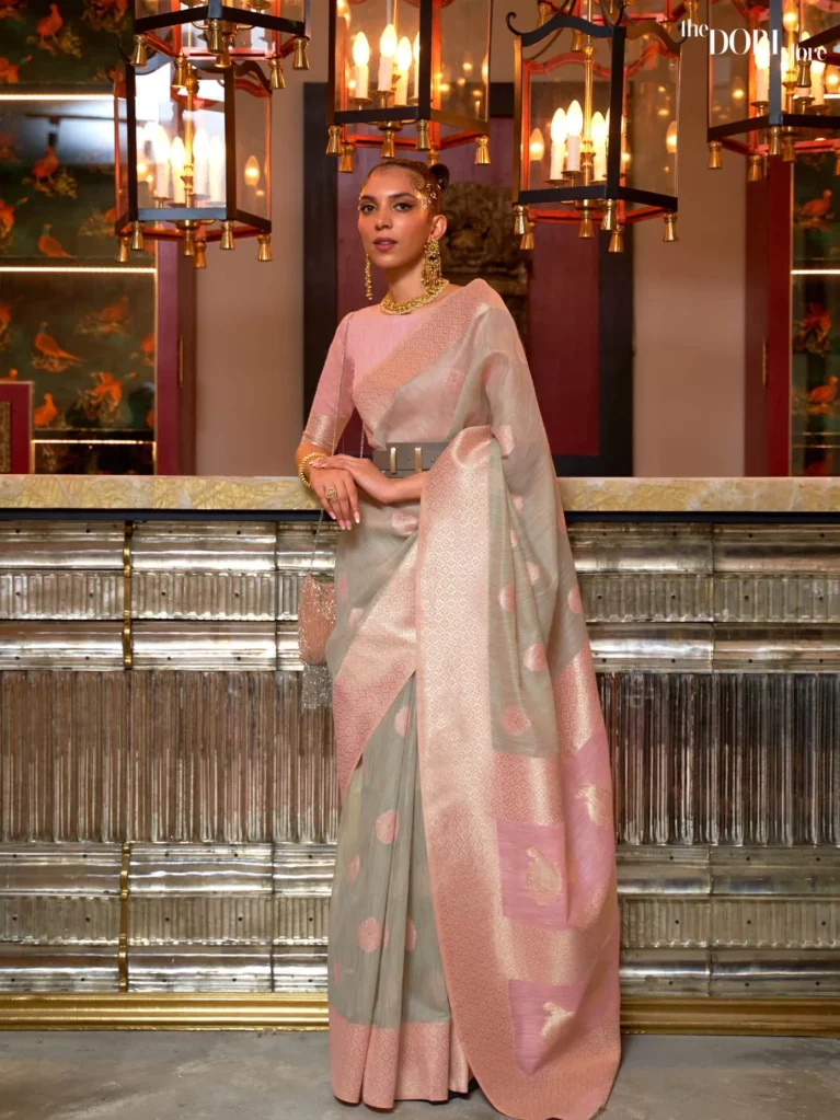 Pinkish Grey Pure Linen Woven Designer Saree - party wear saree