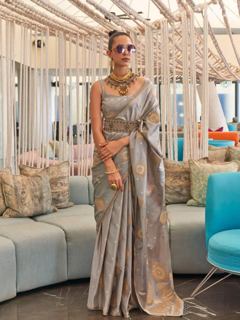 Ethnic Grey Pure Satin Copper Zari Weaving Saree - party wear saree