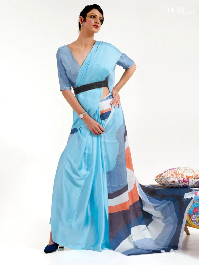 Light Blue Digital Printed Soft Crepe Silk Saree - party wear saree