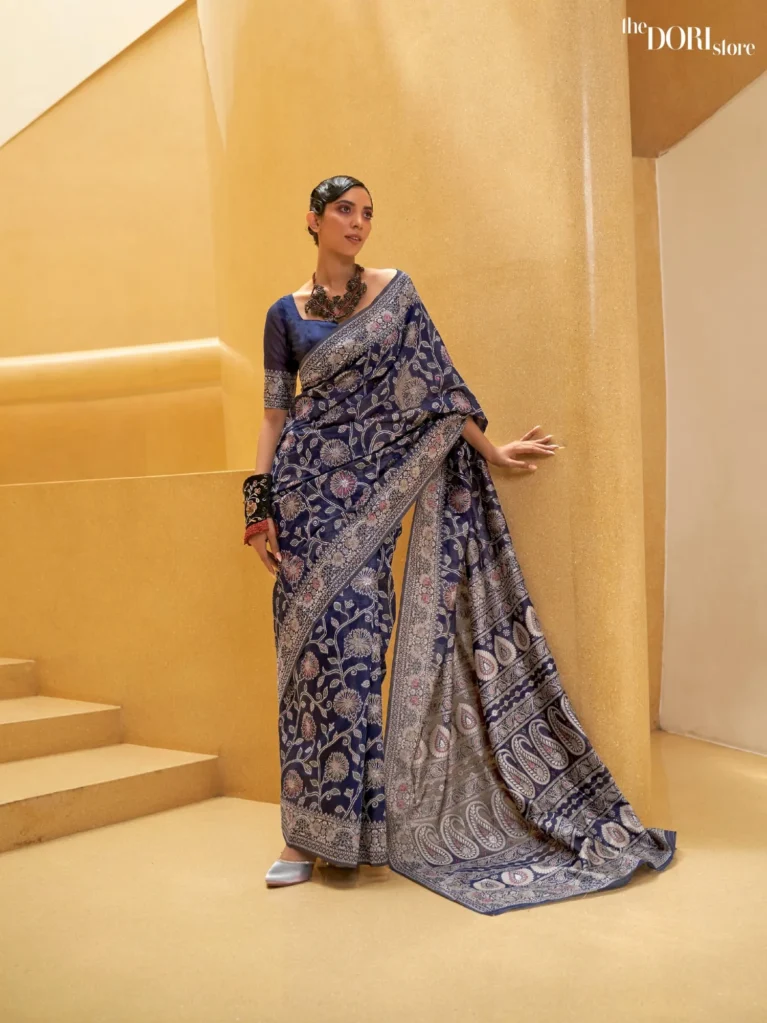Royal Navy Blue Chickankari Lucknowi Banarasi Silk  Saree - party wear saree