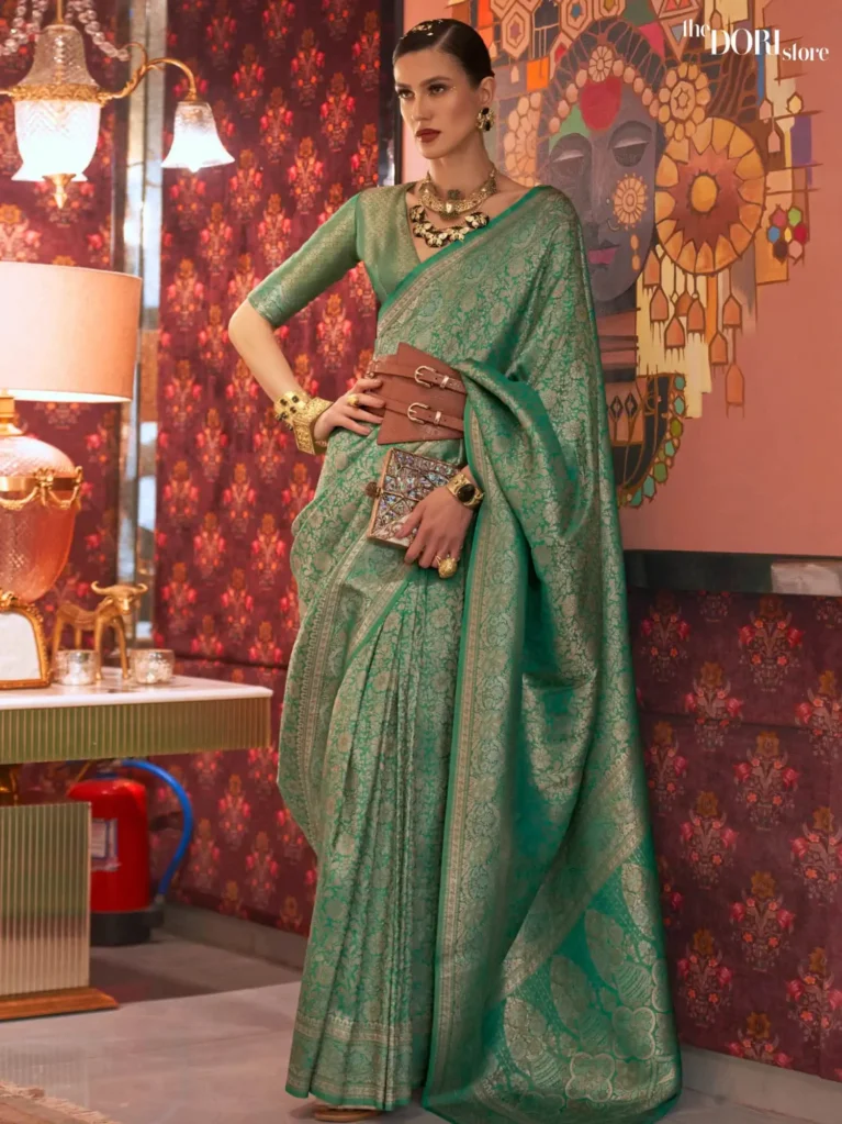 Teal Green Dual Tone Zari Handloom Woven Silk Saree  - party wear saree
