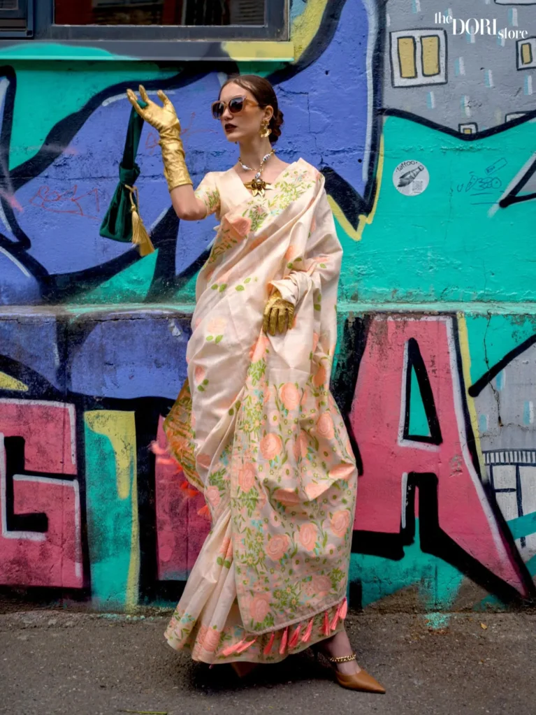 Sand Beige Parsi Woven Textured Silk Saree - party wear saree