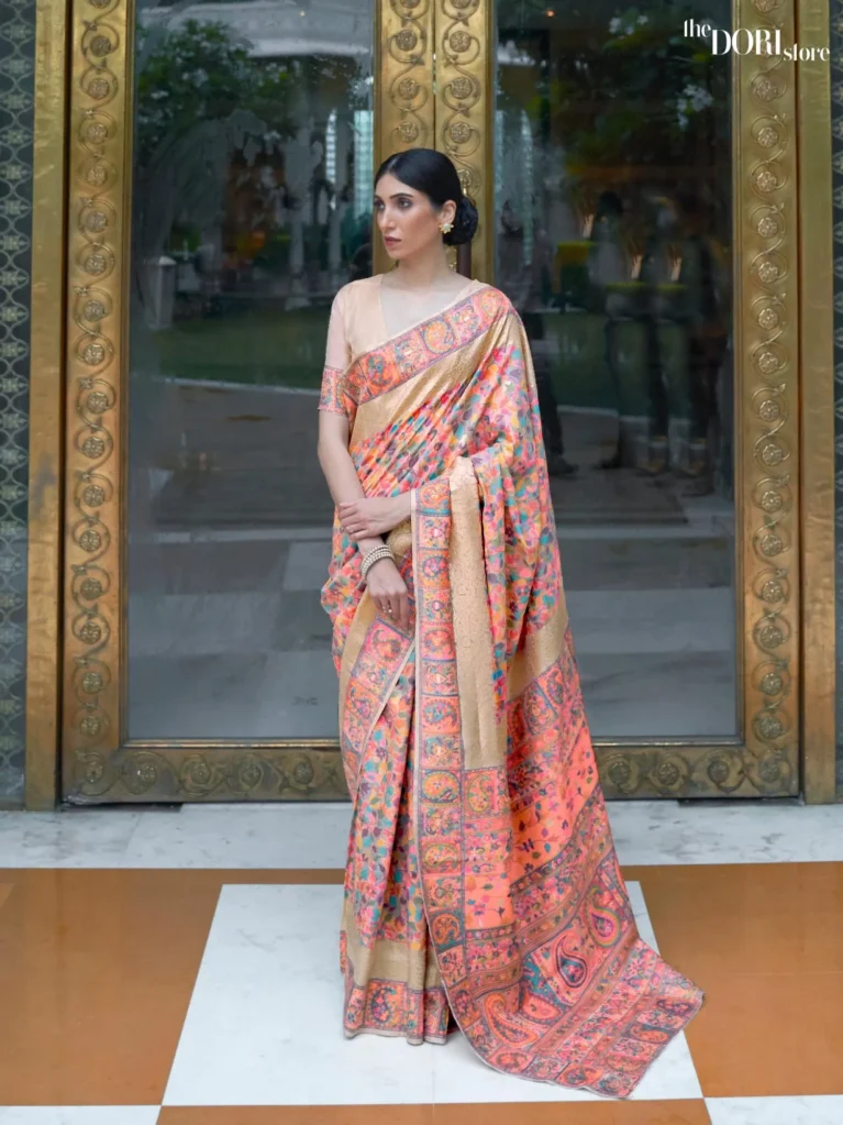 Cream Bloom Multicolor Kashmiri Woven Silk Saree - party wear saree