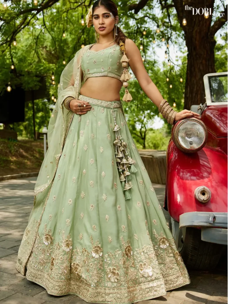 Lime Green Chinnon Sequinse embroidery Semi-Stitched Lehenga choli  product image