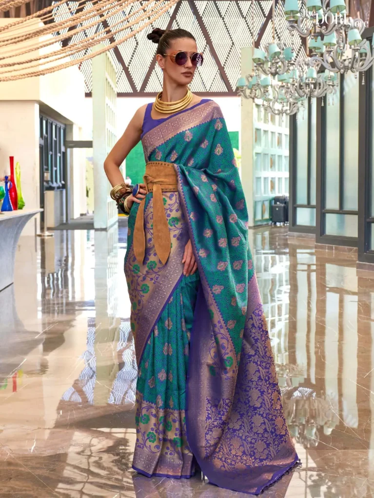 Ethnic Teal Blue Contrast Handloom Banarasi Silk Saree - party wear saree
