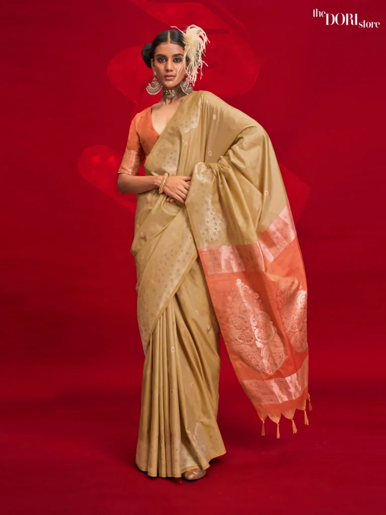 Safari Beige Golden Tussar Banarasi Silk Saree - party wear saree