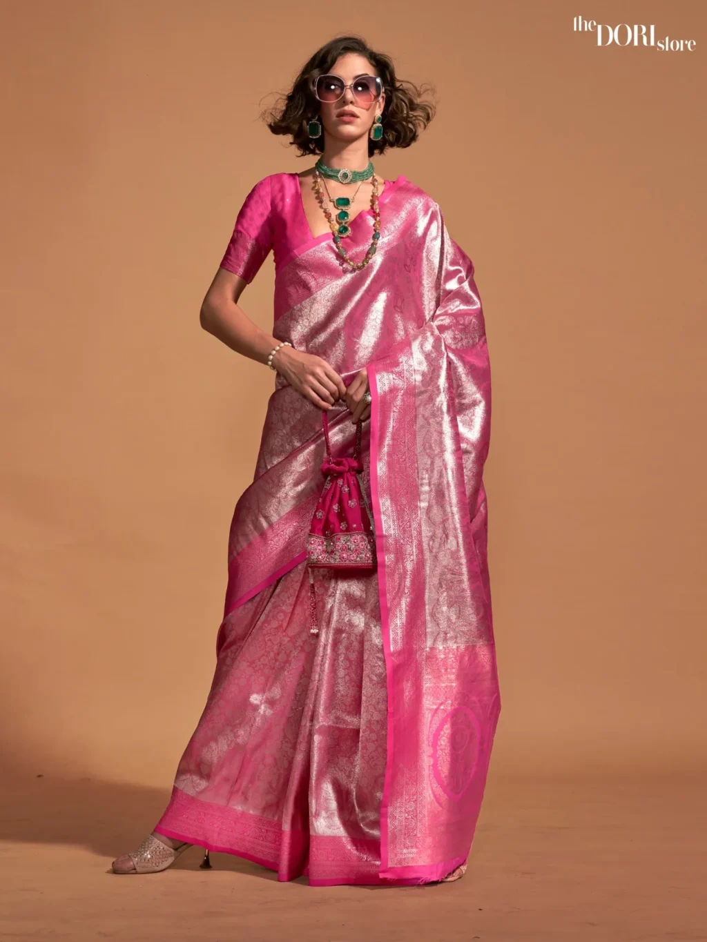 Glorious Pink Handwoven Kanjeevaram Silk Saree - party wear saree
