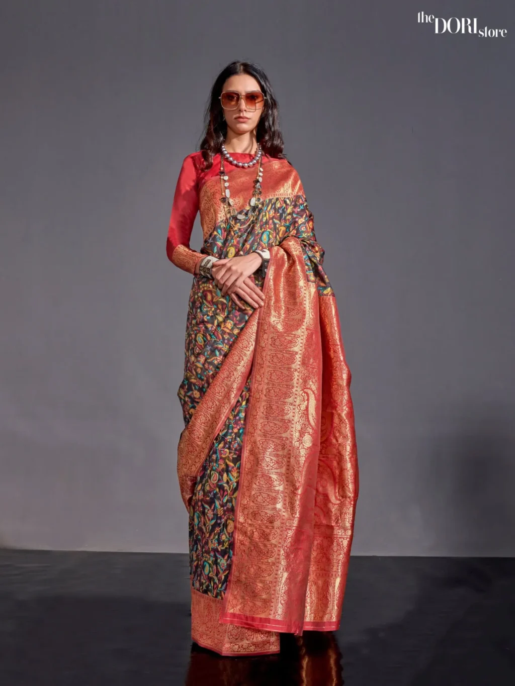Red and Black Modal Kashmiri Woven Silk Saree - party wear saree