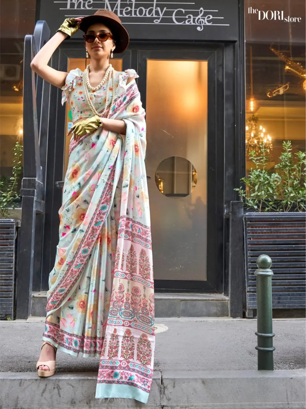 Ethnic Ice Blue Printed Satin Georgette Silk Saree - party wear saree