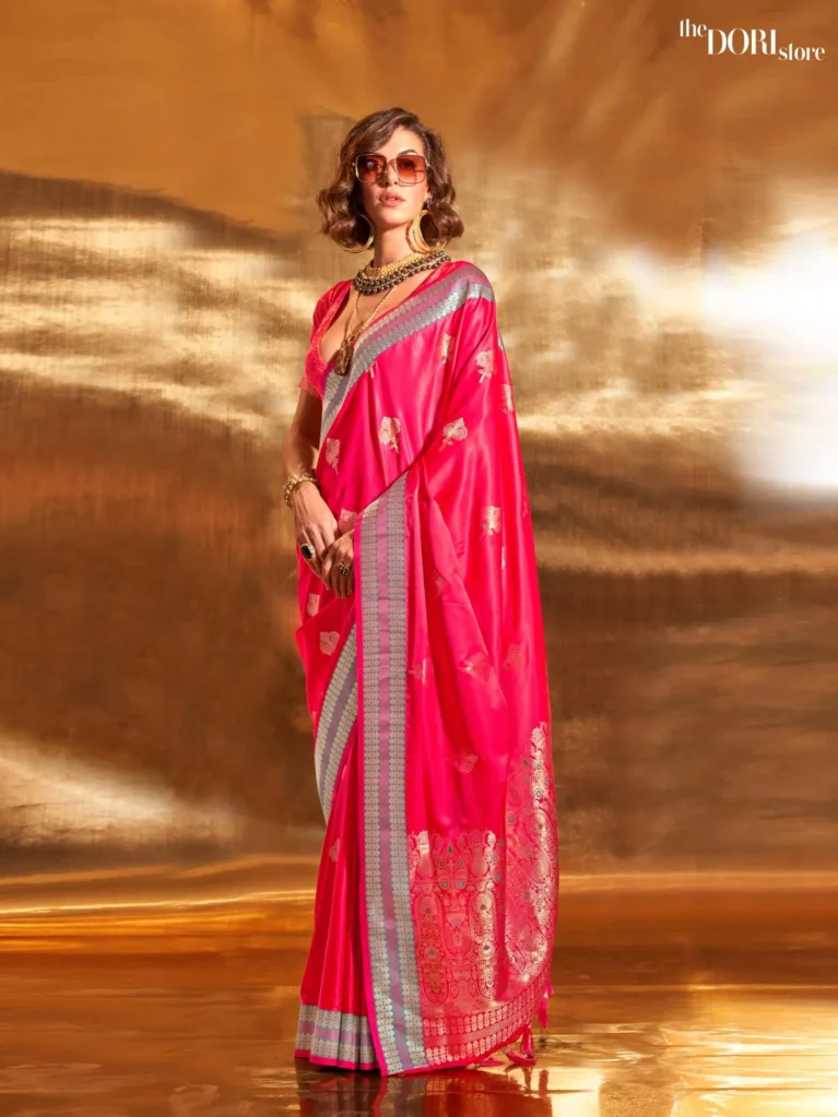 Queen Pink Woven Soft Banarasi Satin Silk Saree - party wear saree