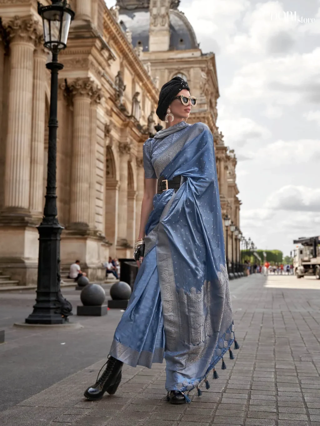 Ocean Blue Pure Satin Nylon Handloom Woven Silk Saree - party wear saree