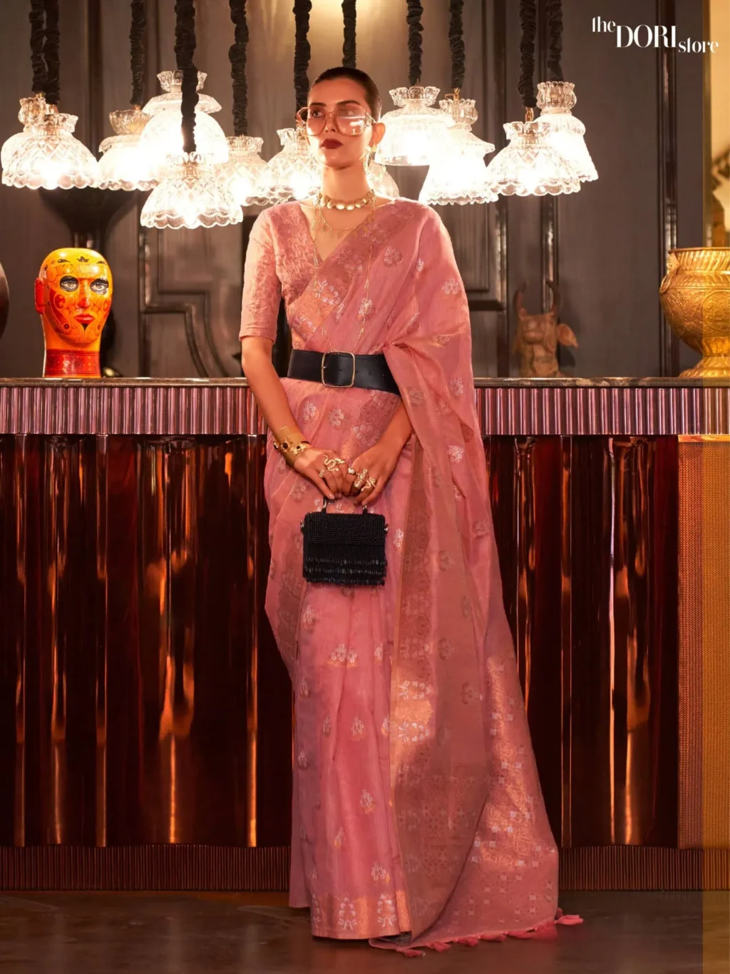 Blush Pink Pure Linen Copper Zari Woven Saree - party wear saree