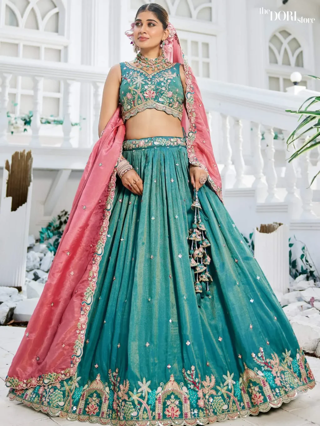 Teal Blue Satin Sequinse embroidery Semi-Stitched Lehenga choli  product image