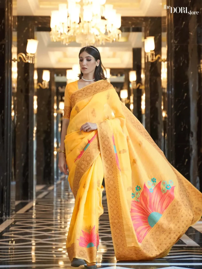 Summer Yellow Woven Festive Linen saree Saree - party wear saree