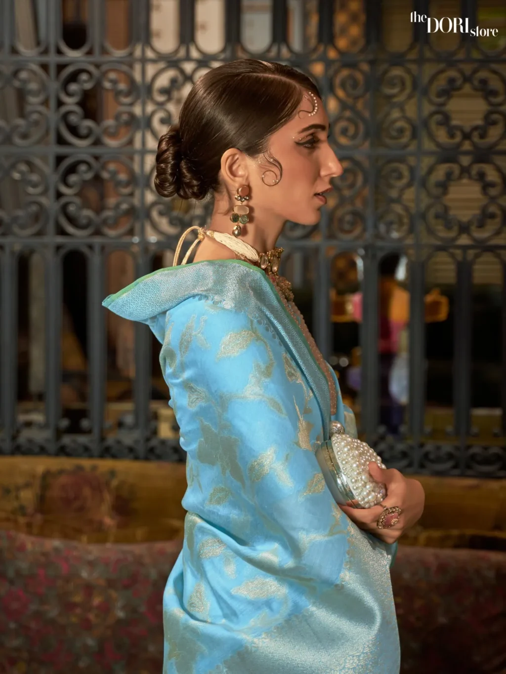 Light Blue Designer Zari Woven Banarasi Silk Saree - Image 2