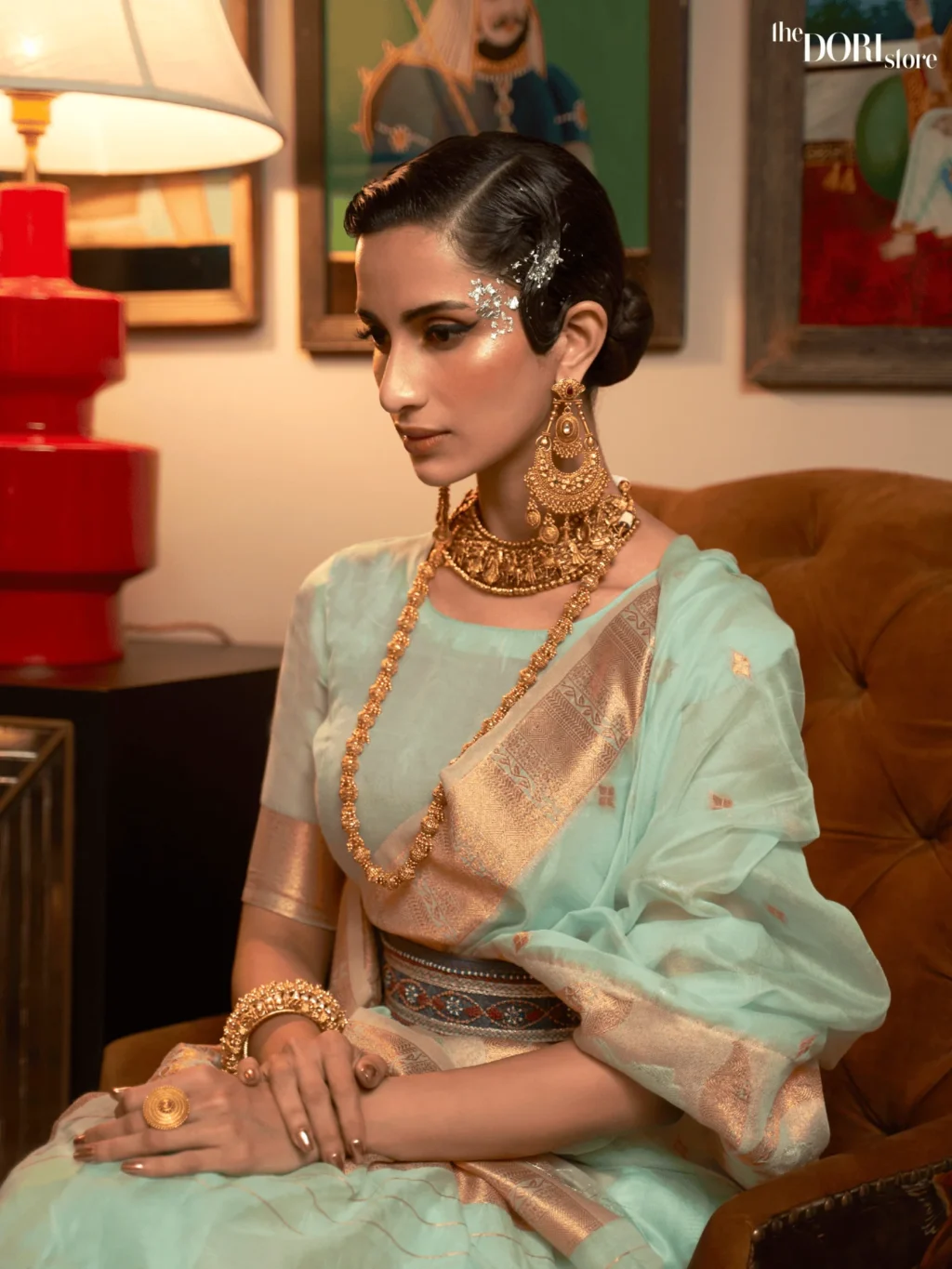 Sea Green Designer Copper Zari Woven Silk Saree - Image 2