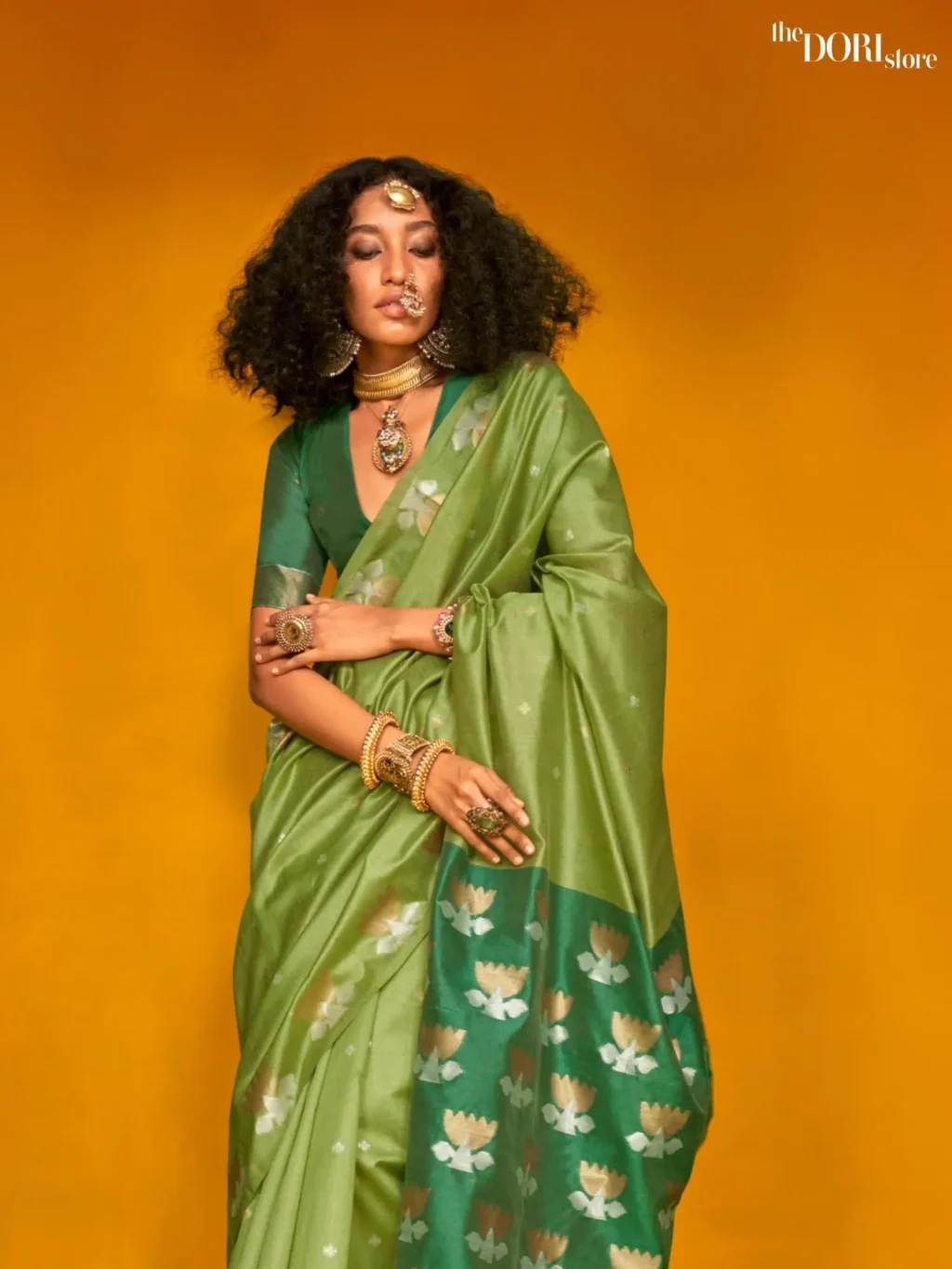 Mint Green Tussar Handloom Banarasi Silk Saree - Image 3