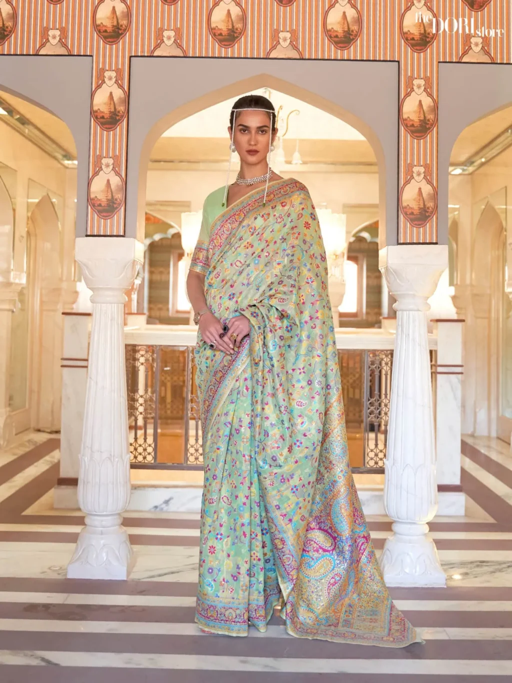 Sea Green Kashmiri Handloom Weaving Silk Saree - Image 2