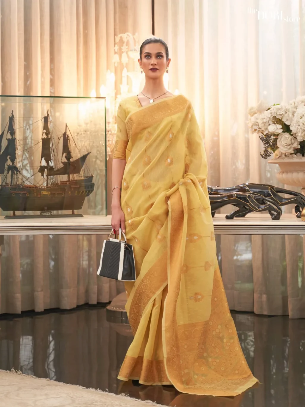 Gold Yellow Pure Linen Festive Wear Silk Saree - party wear saree
