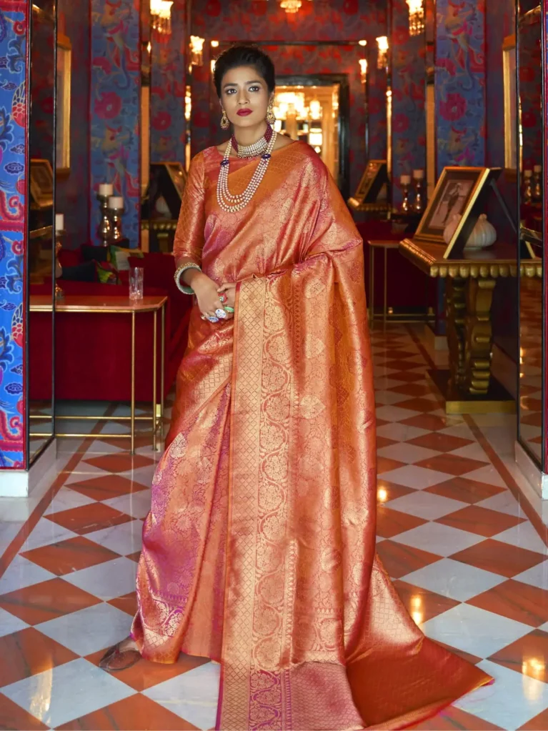 Beautiful Bright Orange Kanjeevaram Silk Saree - party wear saree