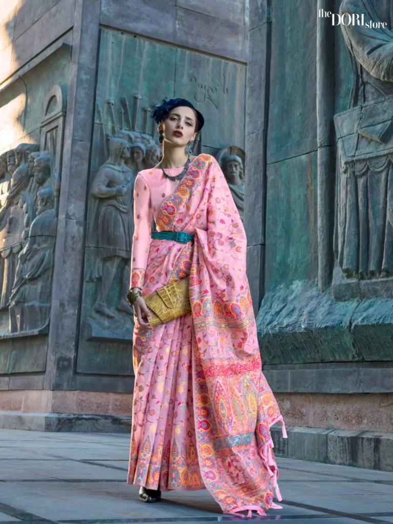 Coral Pink Kashmiri Organza Soft Silk Saree - party wear saree