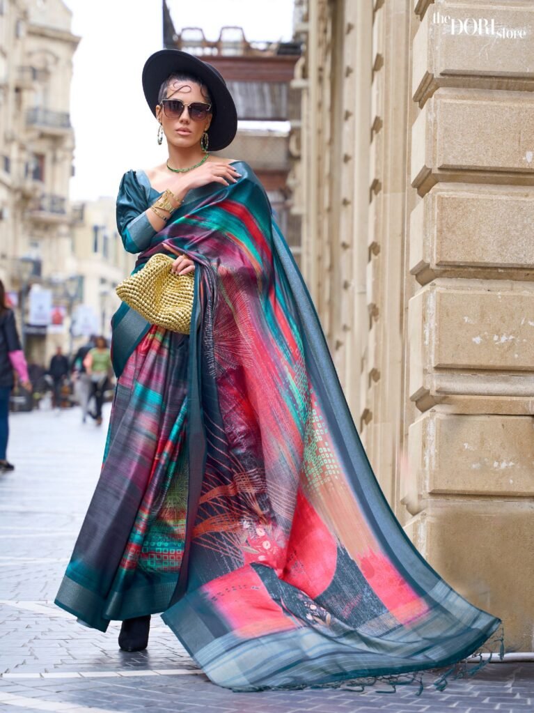 Blue Multicolor Pure Gaji Printed Silk Handloom Woven Saree - party wear saree