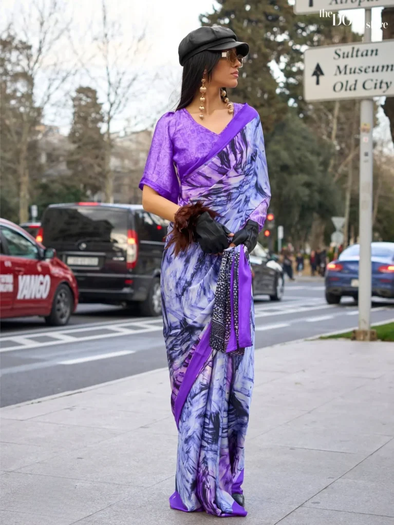 Purplish Blue Printed Crepe Soft Silk Saree - party wear saree