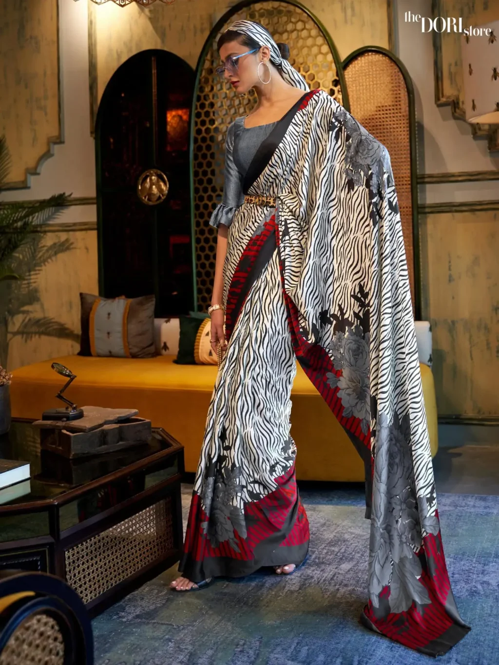 Greyish White  Printed Japan Satin Crepe Saree - party wear saree