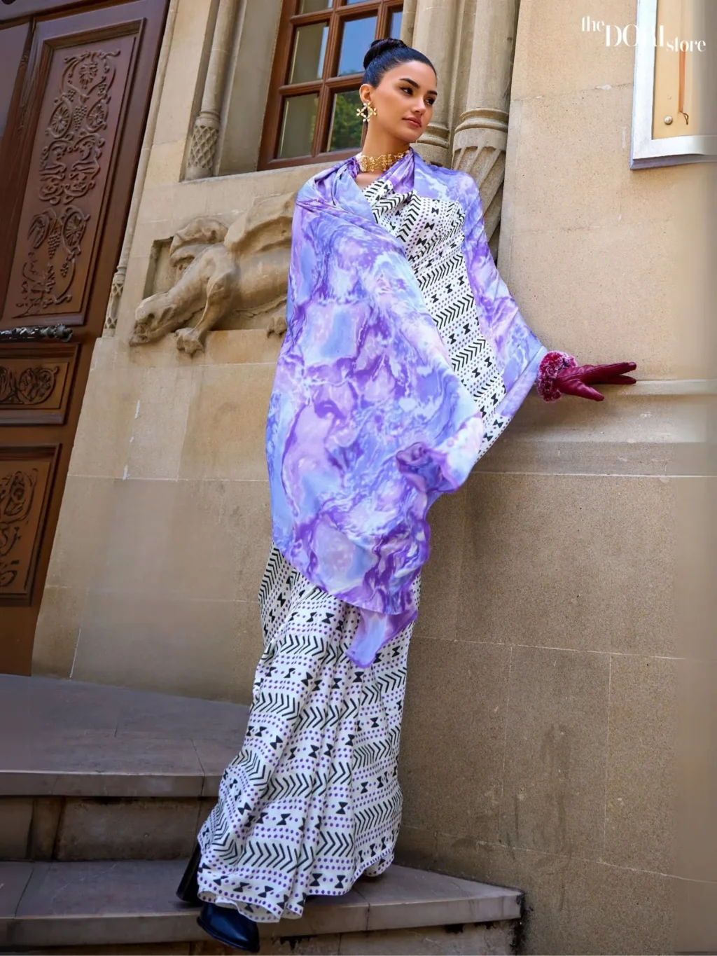 Purplish White Satin Crepe Digital Printed Saree - party wear saree